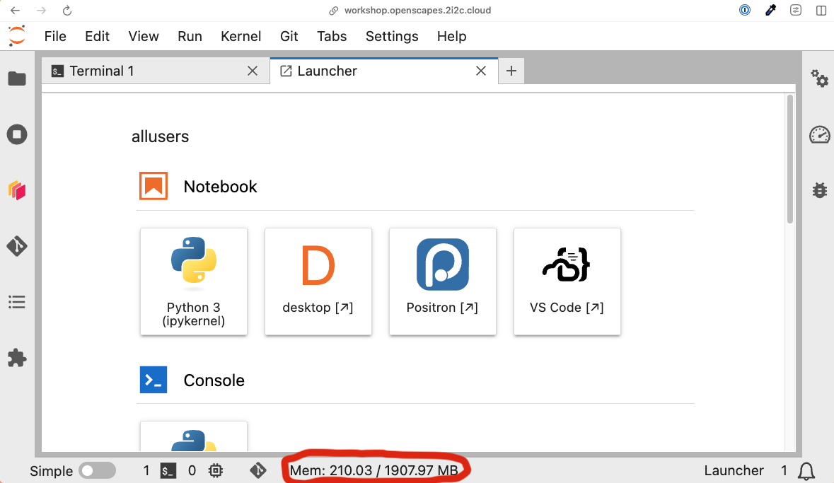 JupyterLab memory usage indicator showing 287 MB of 2 GB used.